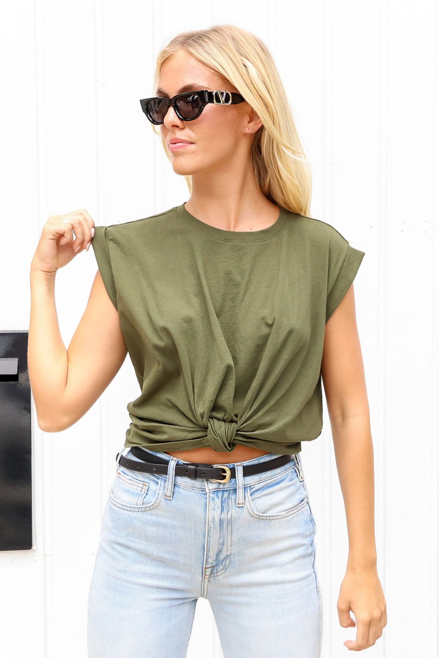 Women FRAME Tops | Knotted Rolled Tee Green