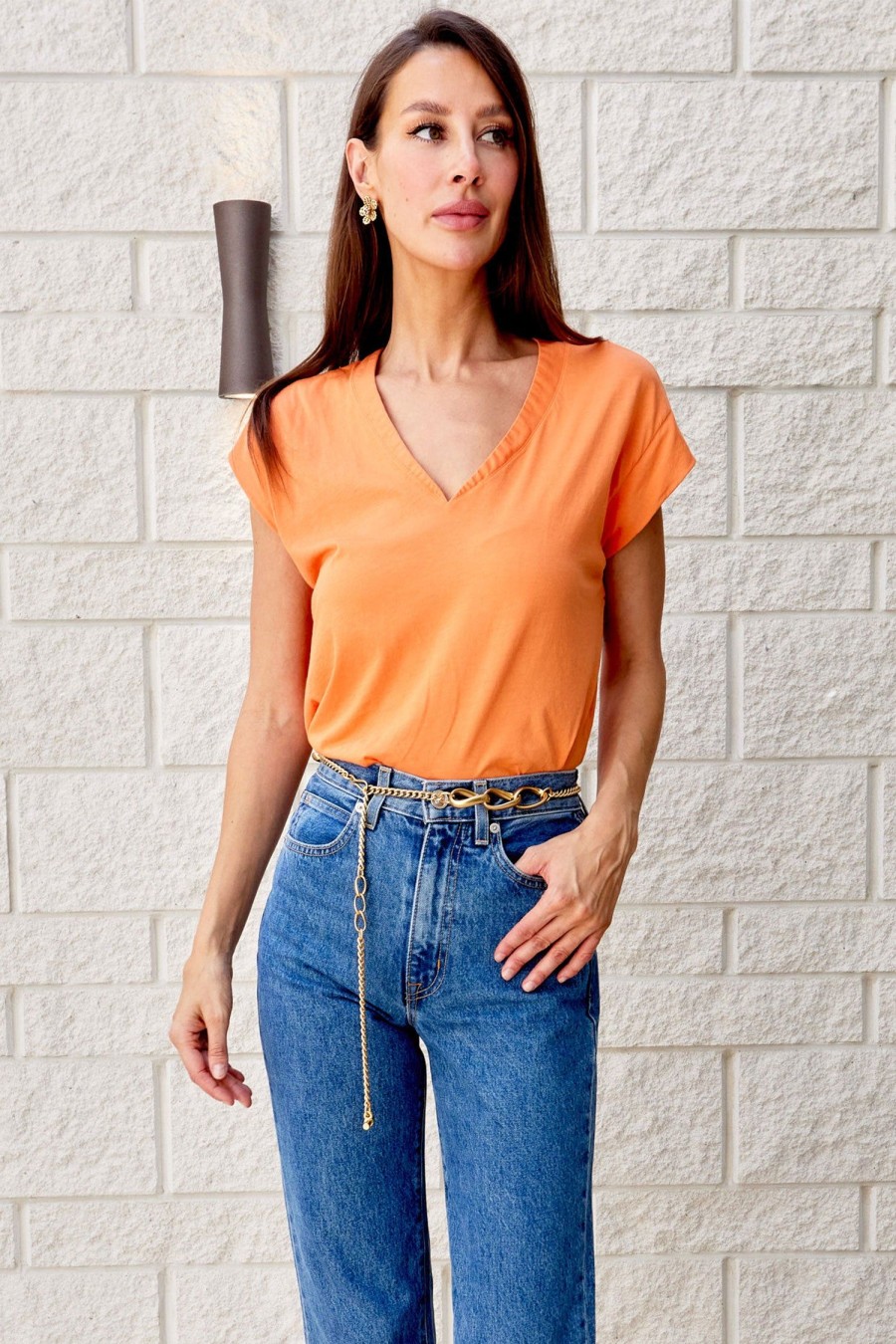 Women FRAME Tops | Le Mid Rise V Tee Tangerine