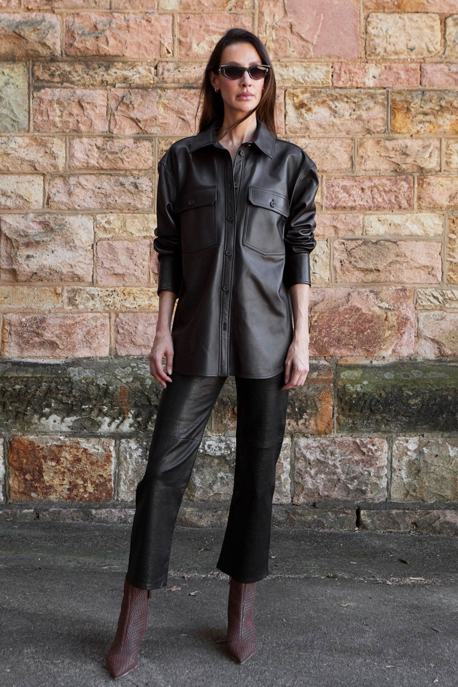 Women FRAME Tops | Oversized Leather Shirt Jacket Espresso