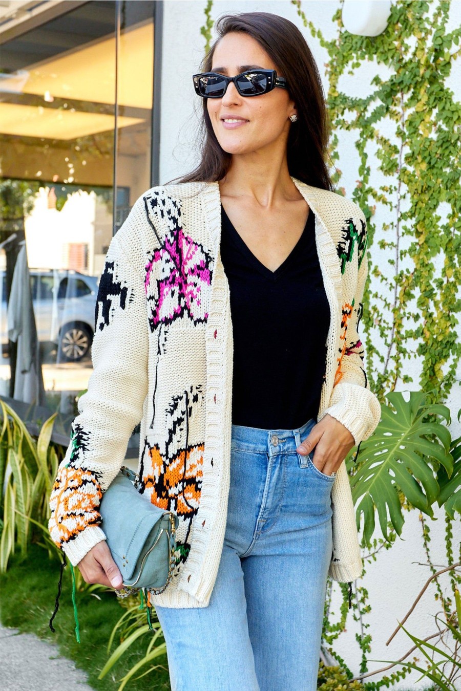 Women MSGM Knitwear | Flower Print Cardigan Cream Multi