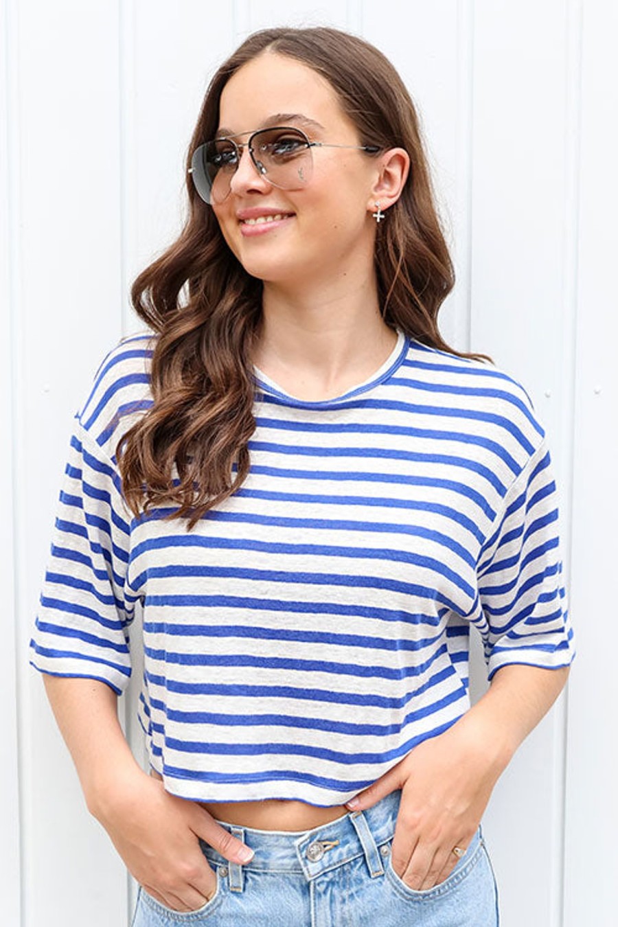 Women FRAME Tops | Boxy Crop Tee Blue Stripe