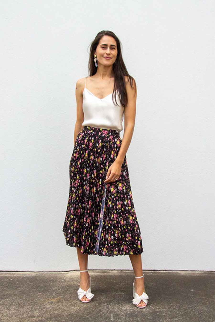 Women MSGM Skirts | Floral Pleated Midi Skirt Black Multi