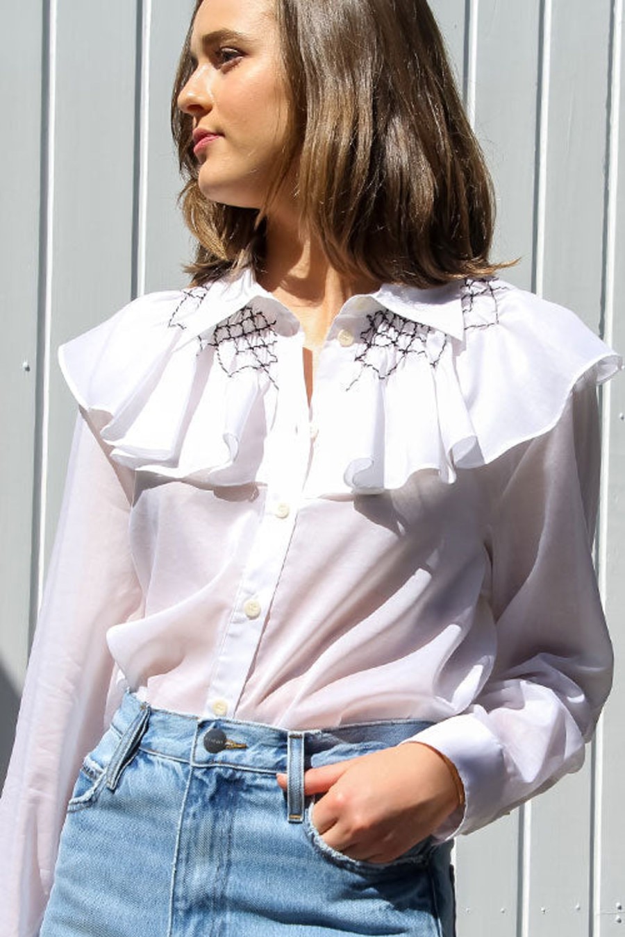 Women TIBI Tops | Emma Smocked Shirt White Multi