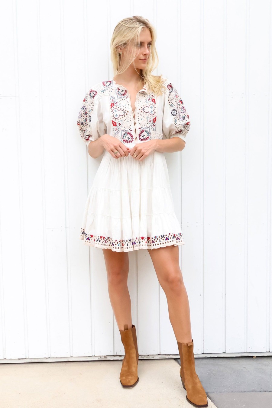 Women SEA Dresses | Alicia Embroidery S/Slv Dress Cream