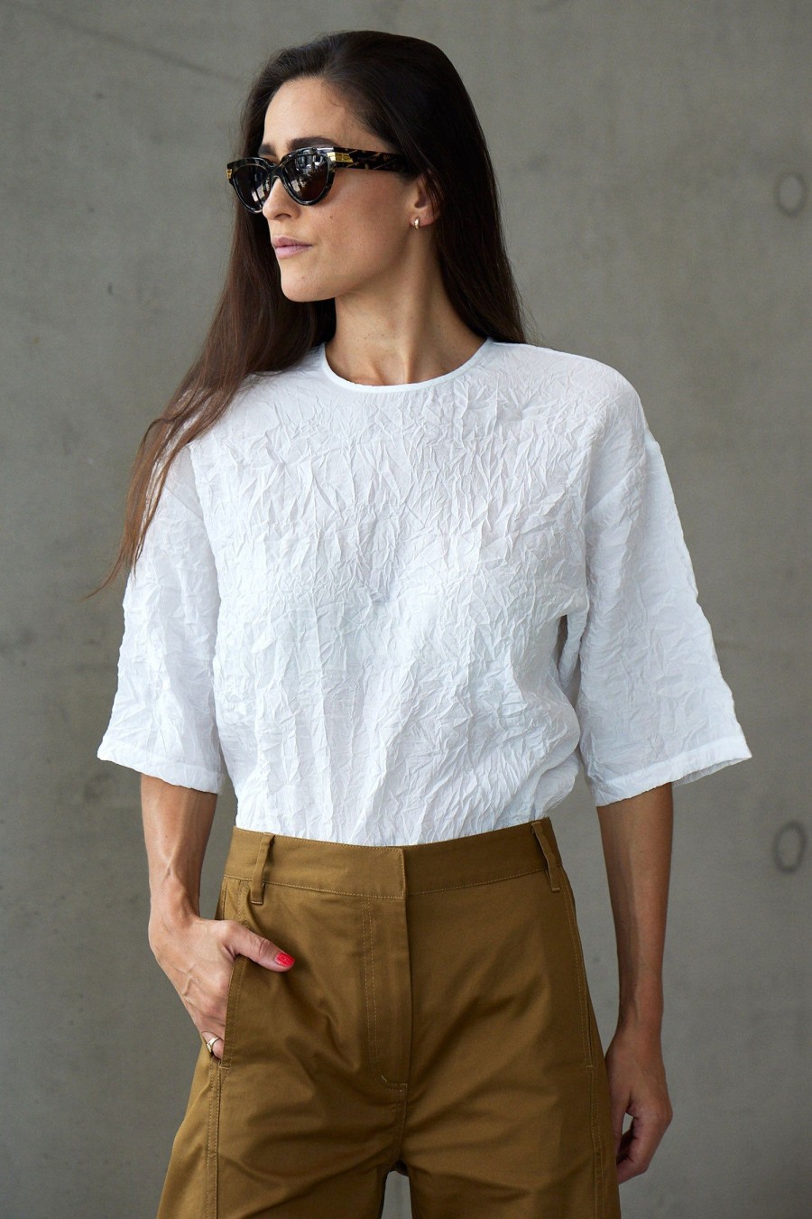 Women TIBI Tops | Crinkle Shirting Easy Tee White