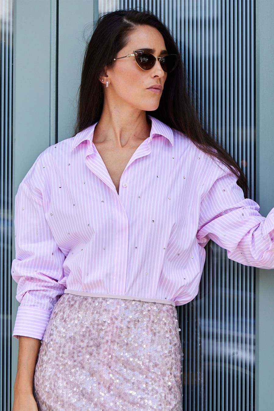 Women MSGM Tops | Rhinestone Embellished Shirt Pink