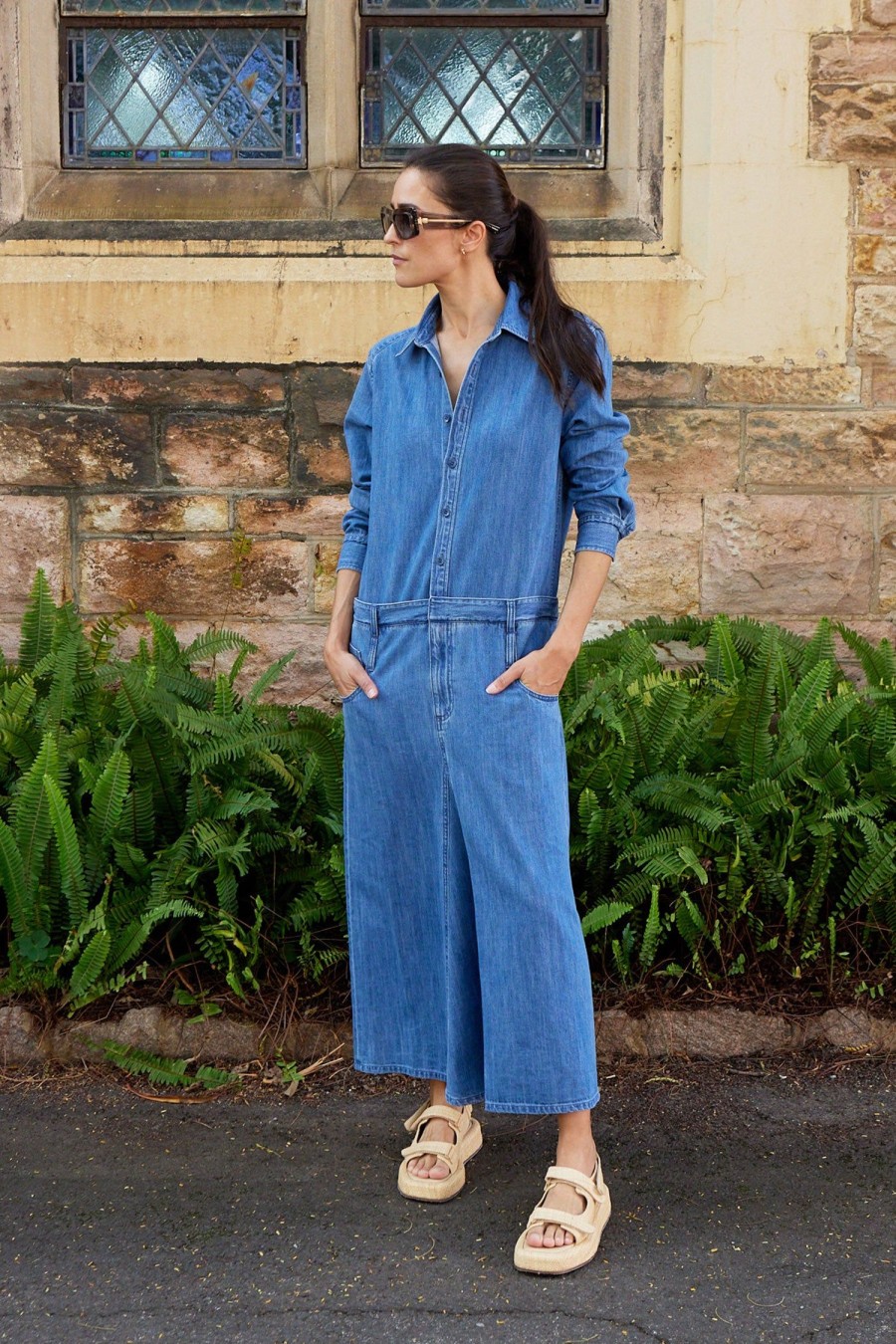 Women TIBI Dresses | Washed Denim Shirtdress Blue