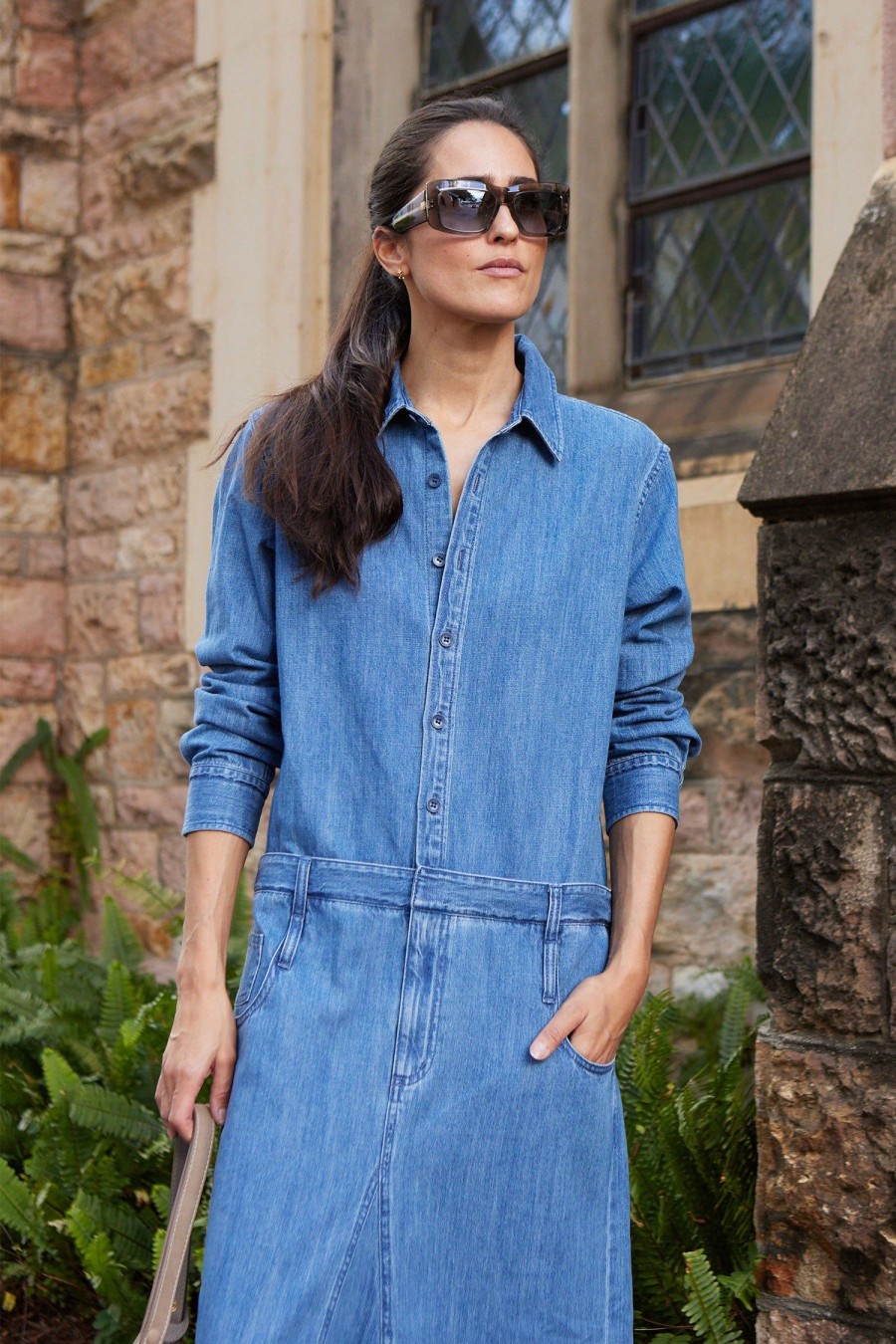 Women TIBI Dresses | Washed Denim Shirtdress Blue