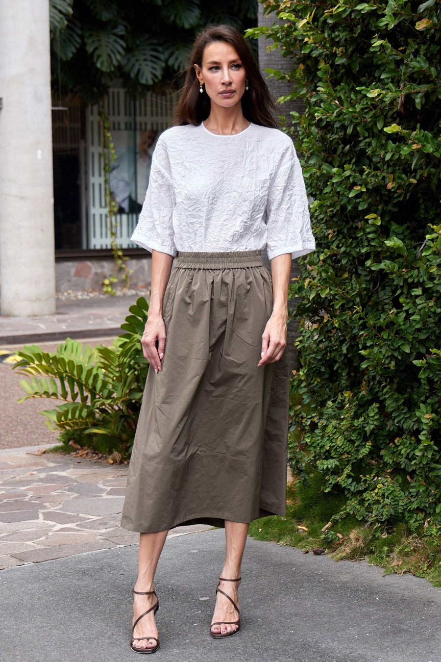 Women TIBI Skirts | Nylon Pull On Skirt Dark Taupe