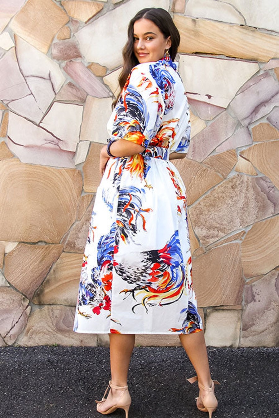 Women MSGM Skirts | Rooster Belted Midi Skirt White Multi