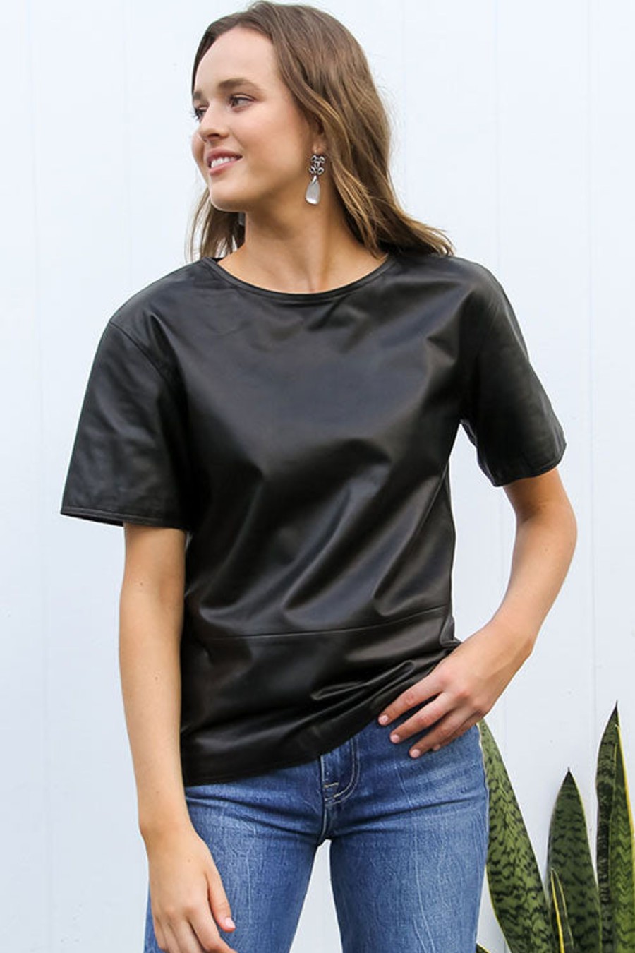 Women LOULOU STUDIO Tops | Kalpeni Leather T-Shirt Black