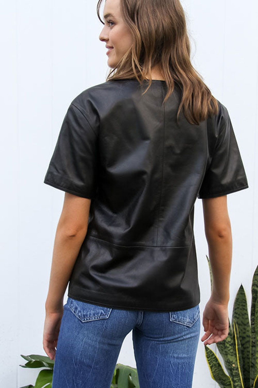 Women LOULOU STUDIO Tops | Kalpeni Leather T-Shirt Black