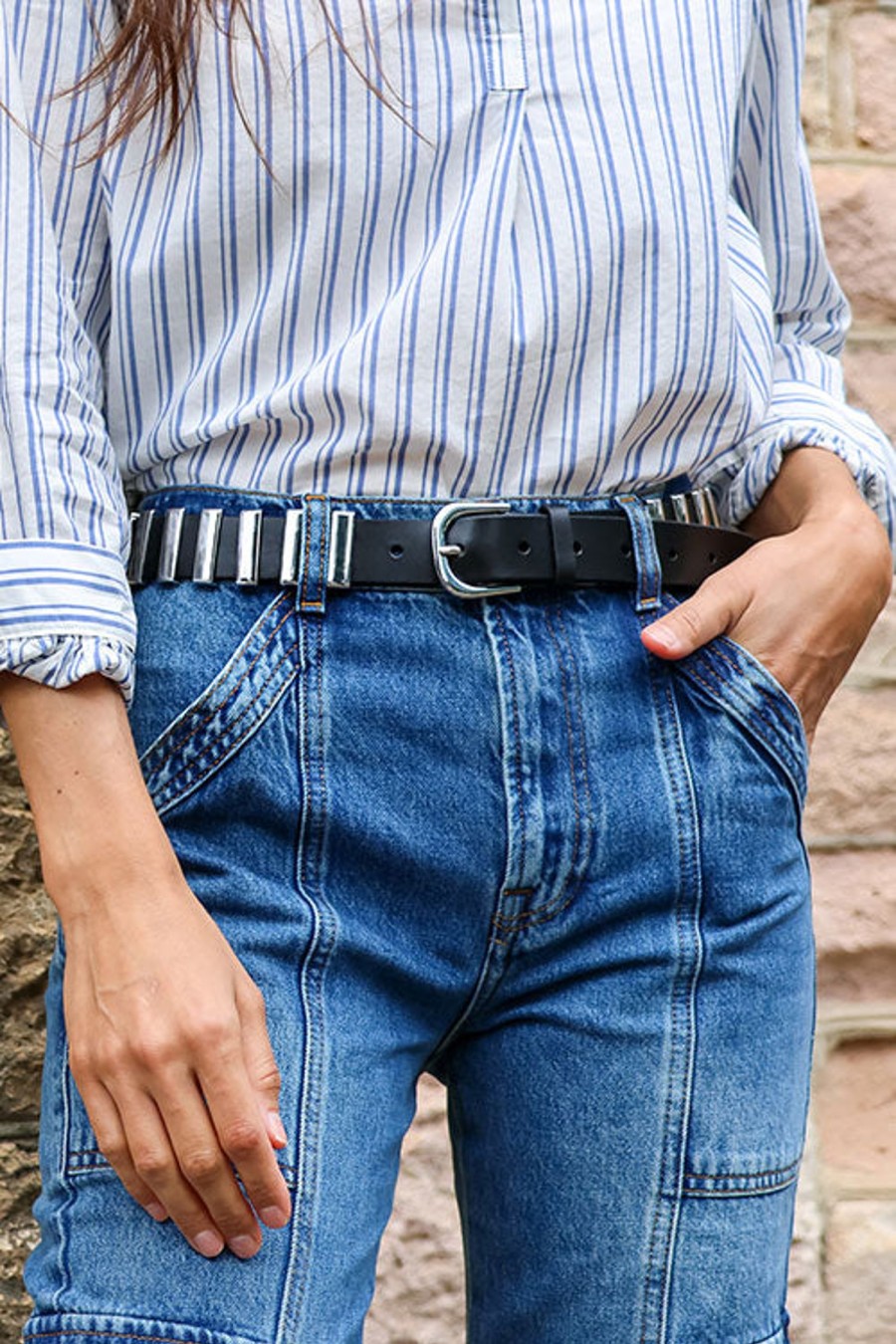 Women FRAME Belts | Timeless Buckle Militant Belt Noir Silver