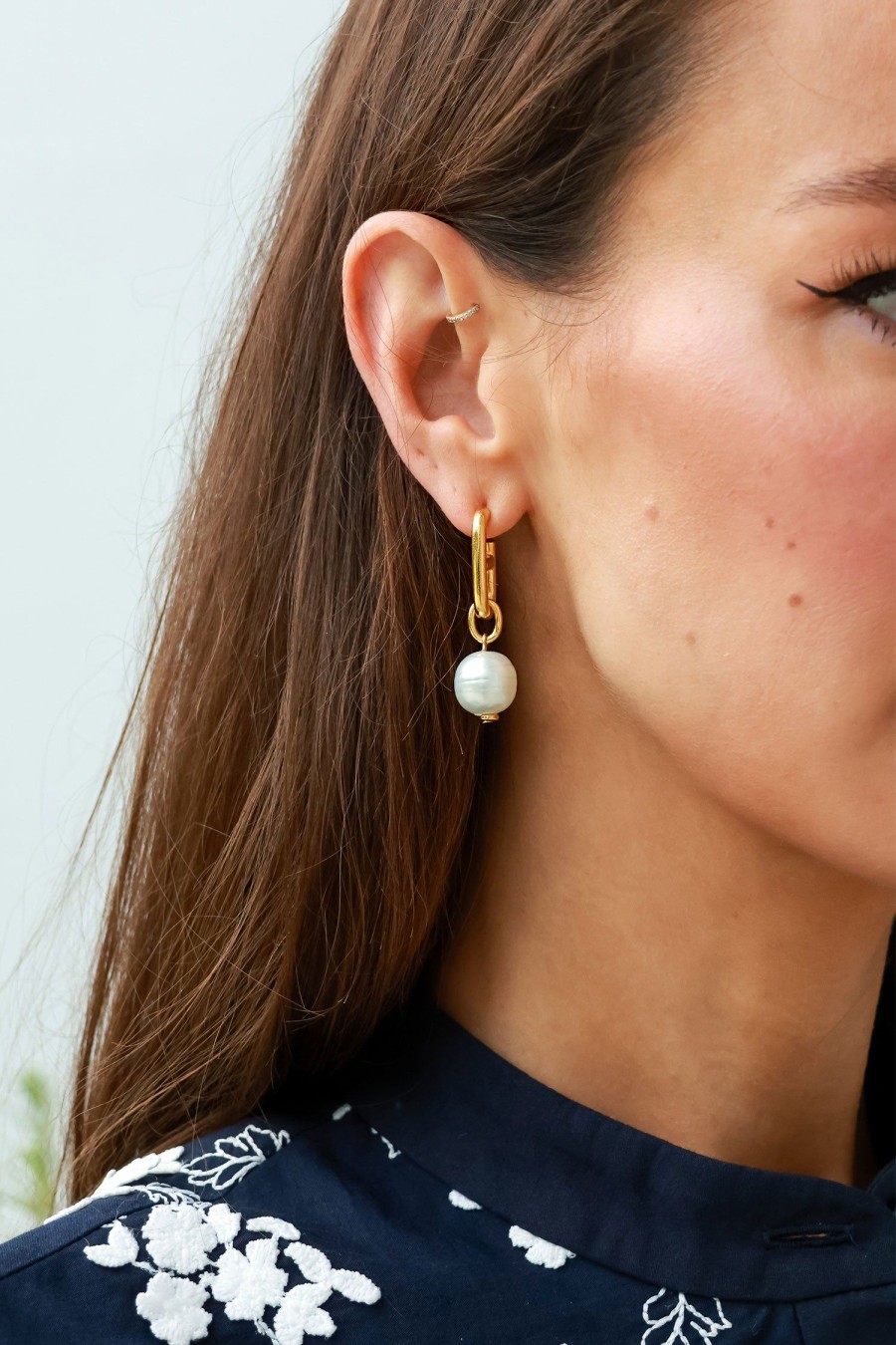 Women Ben-Amun Earrings | Oval Link Pearl Drop Earrings Gold