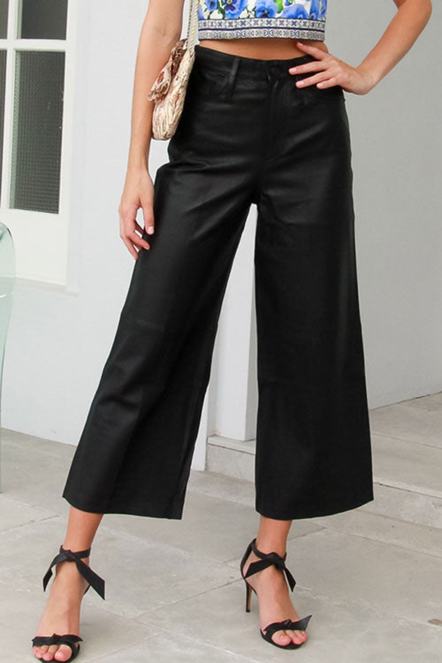 Women FRAME Pants | Leather High Rise Wide Crop Noir