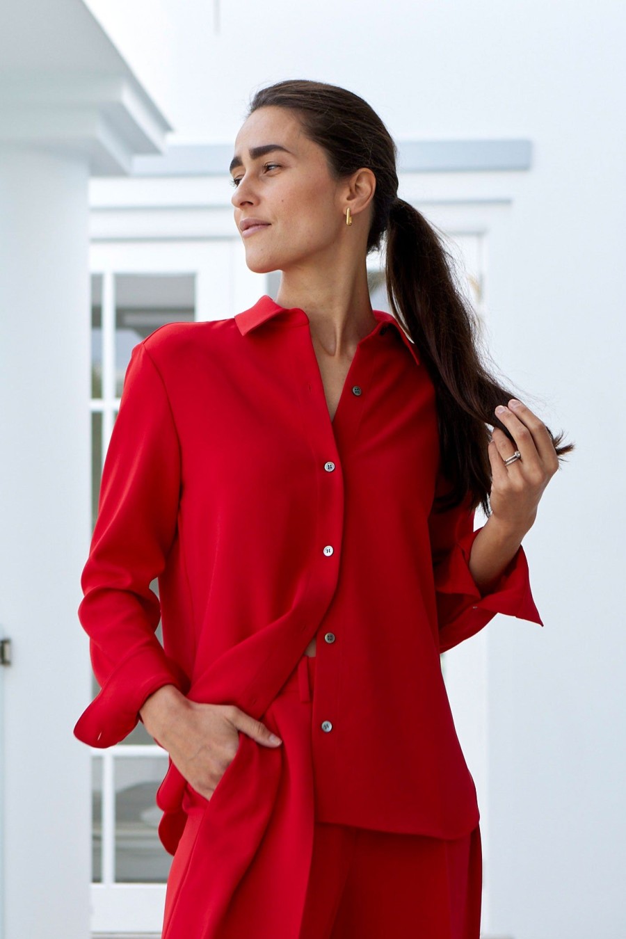 Women THEORY Tops | New Straight Shirt Red