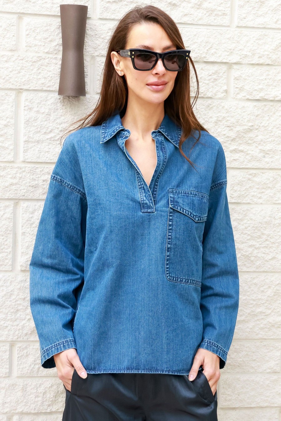 Women TIBI Tops | Summer Denim Oversized Shirt Blue