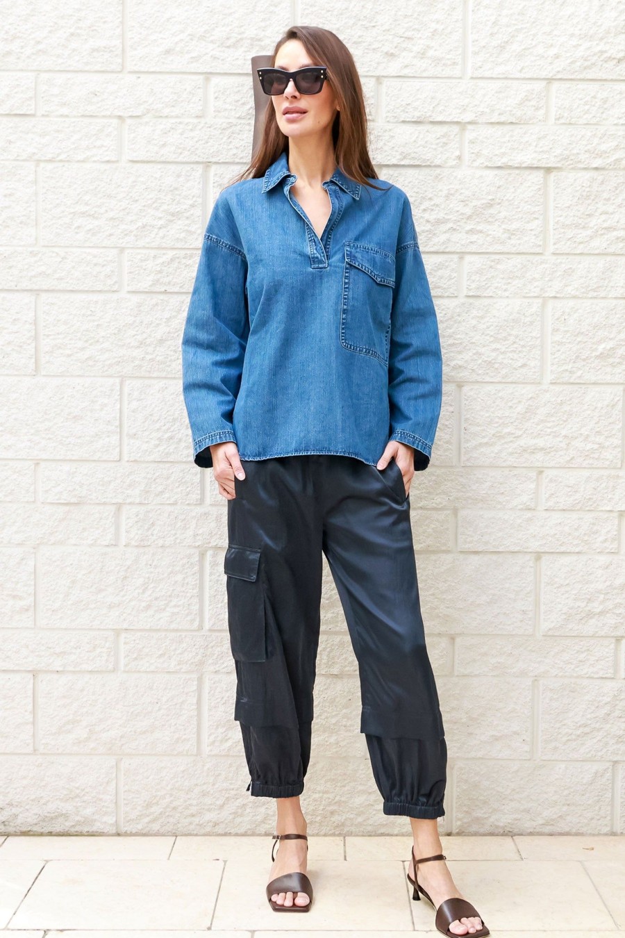 Women TIBI Tops | Summer Denim Oversized Shirt Blue