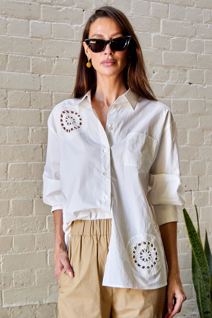 Women SEA Tops | Joy Crochet Button Down Shirt White