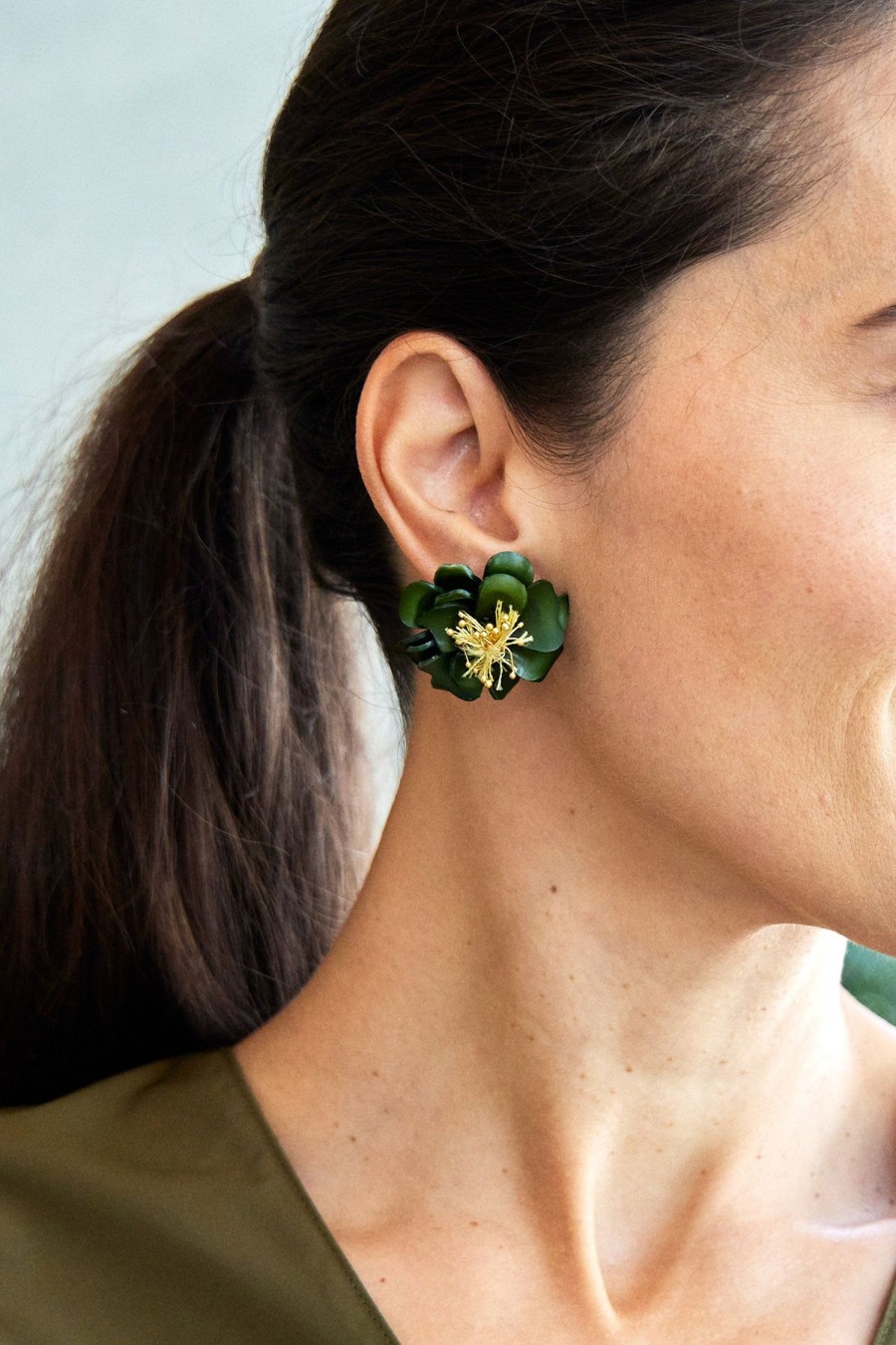 Women OSCAR DE LA RENTA Earrings | Camelia Flower Earring Olive