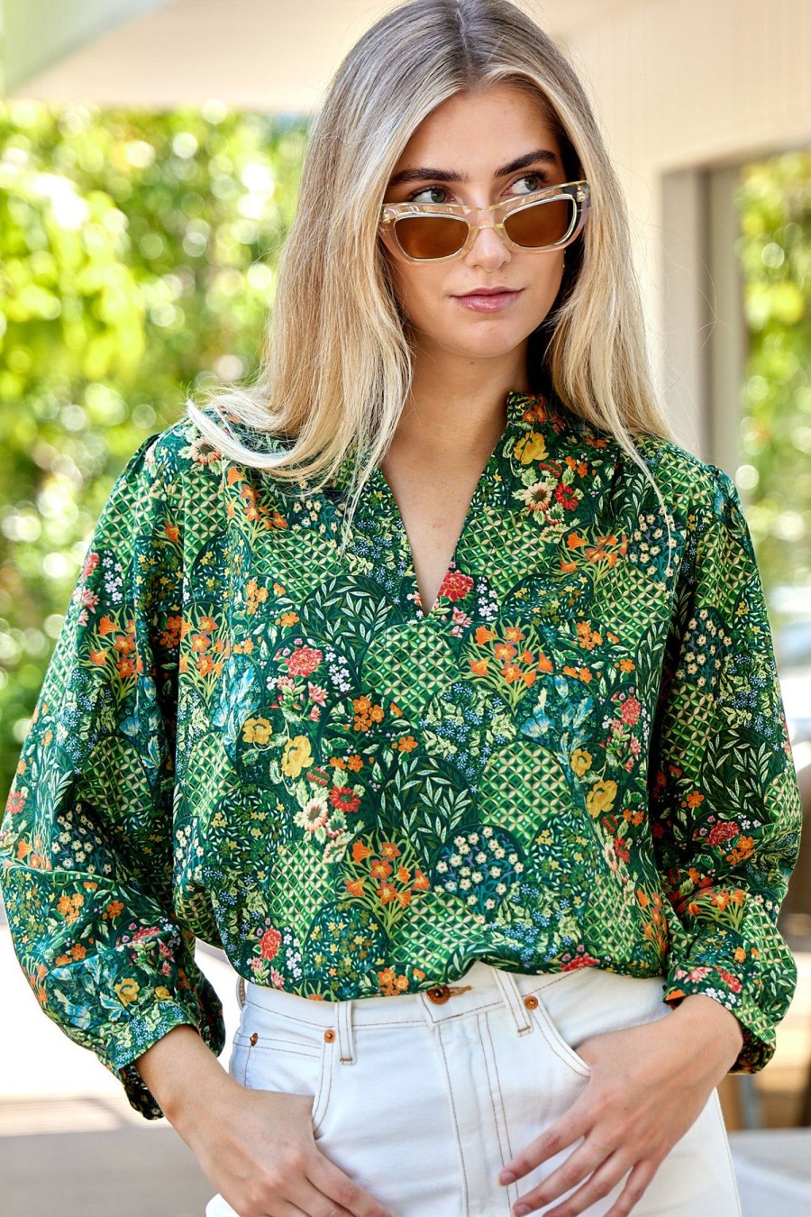 Women BIRDS OF PARADIS BY TROVATA Tops | Bailey Blouse Green Multi