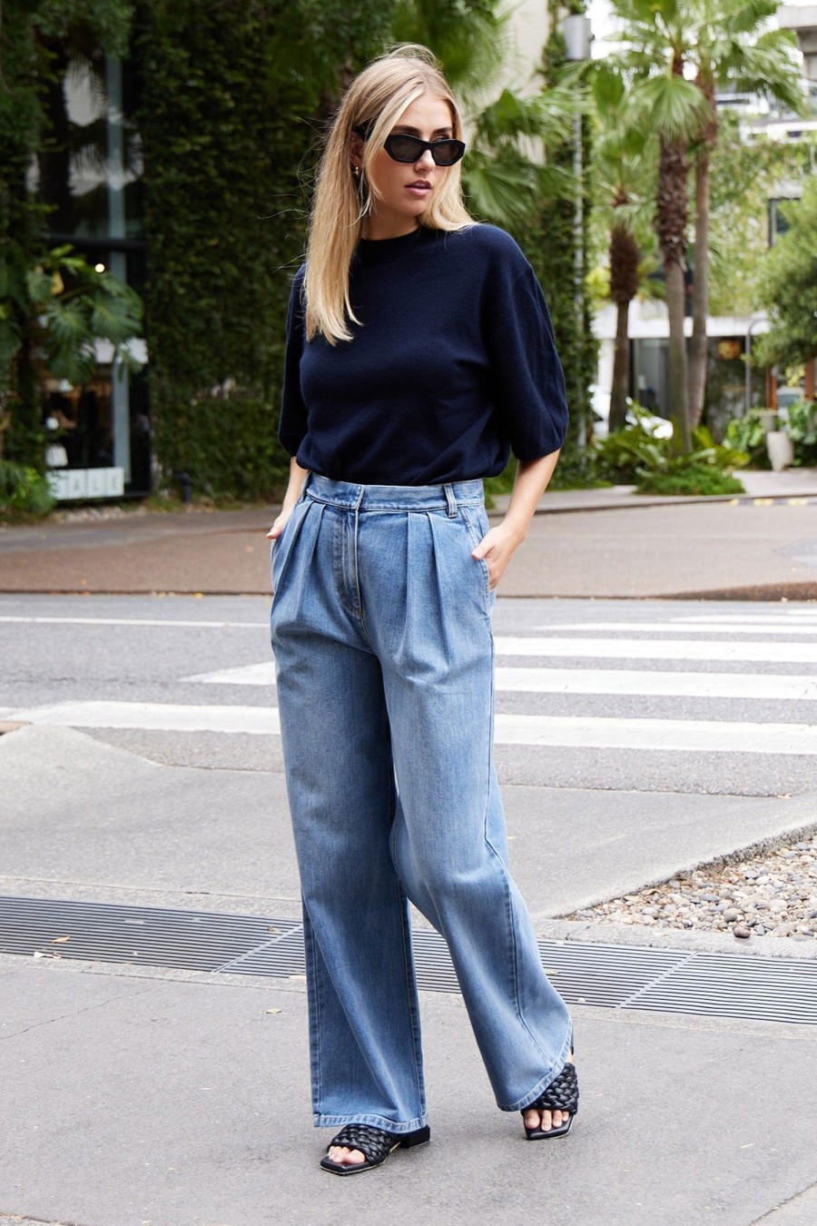 Women TIBI Tops | Cashmere Oversized Easy Tee Navy