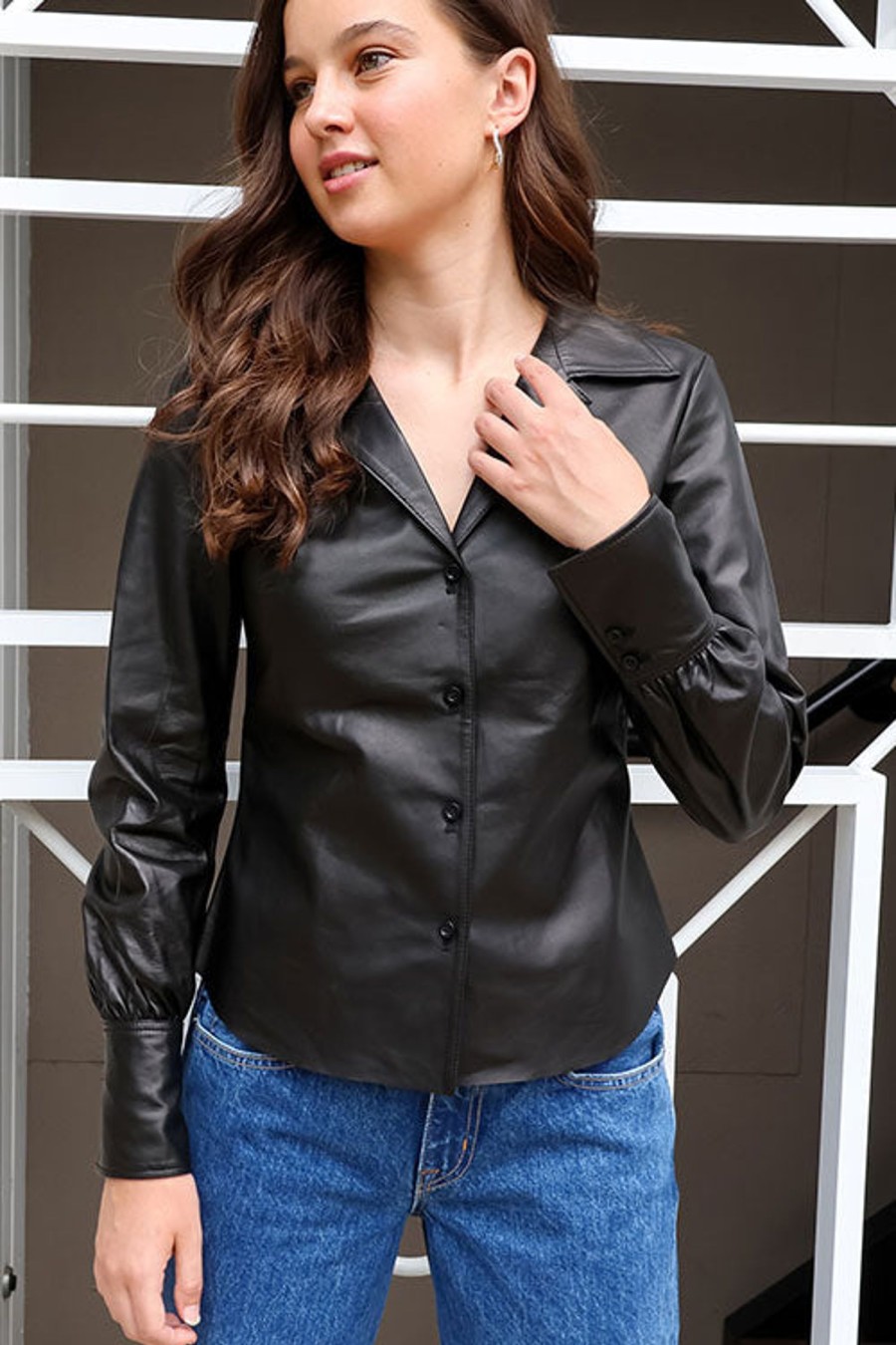 Women FRAME Tops | The Femme Leather Shirt Noir