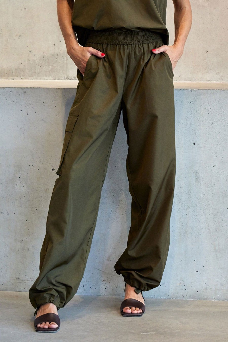 Women TIBI Pants | Sporty Nylon Wide Leg Pant Wood