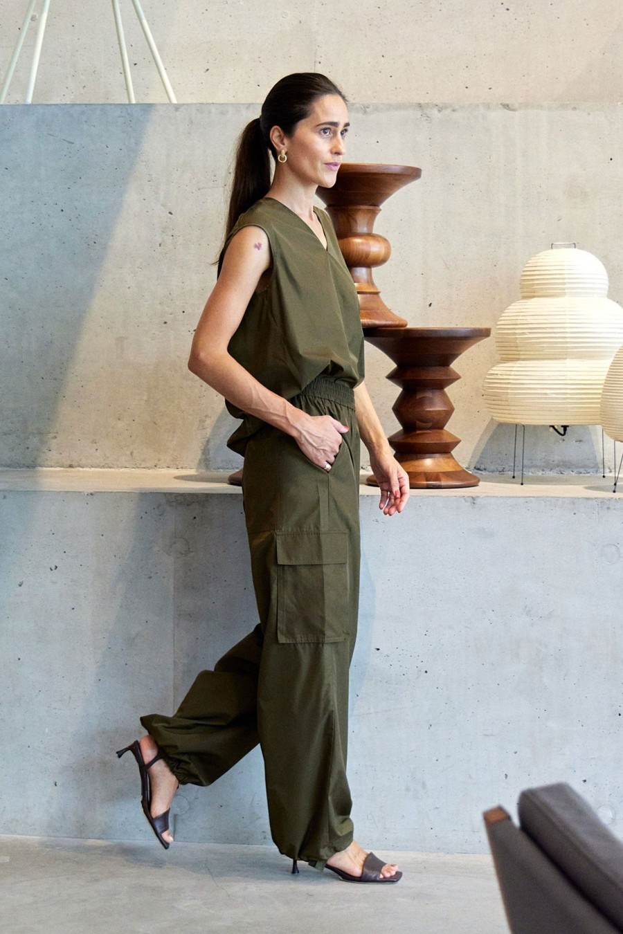 Women TIBI Pants | Sporty Nylon Wide Leg Pant Wood