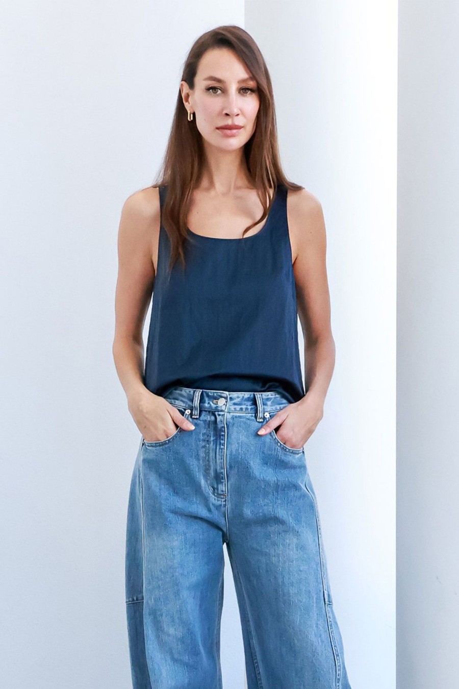 Women TIBI Tops | Luxe Nylon Scoopneck Tank Navy