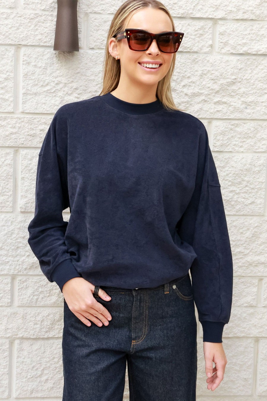 Women TIBI Tops | Summer Terry Crewneck Sweatshirt Navy