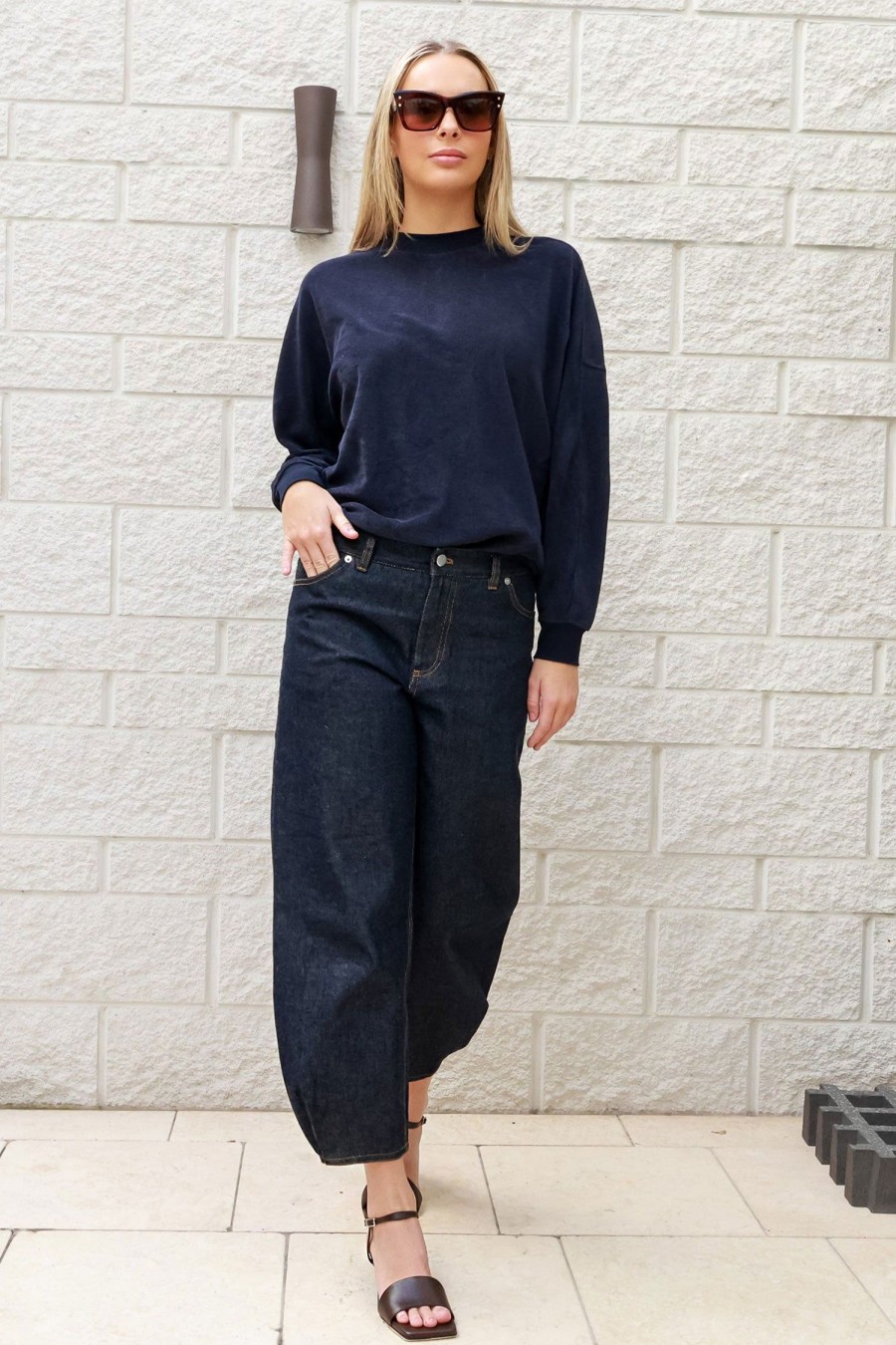 Women TIBI Tops | Summer Terry Crewneck Sweatshirt Navy