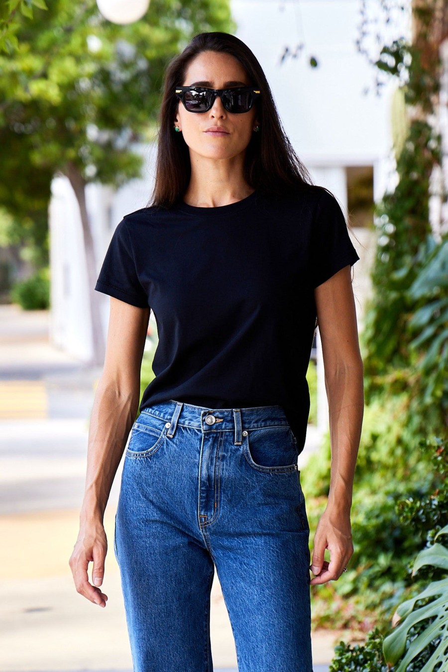 Women FRAME Tops | Fitted Crew Tee Black