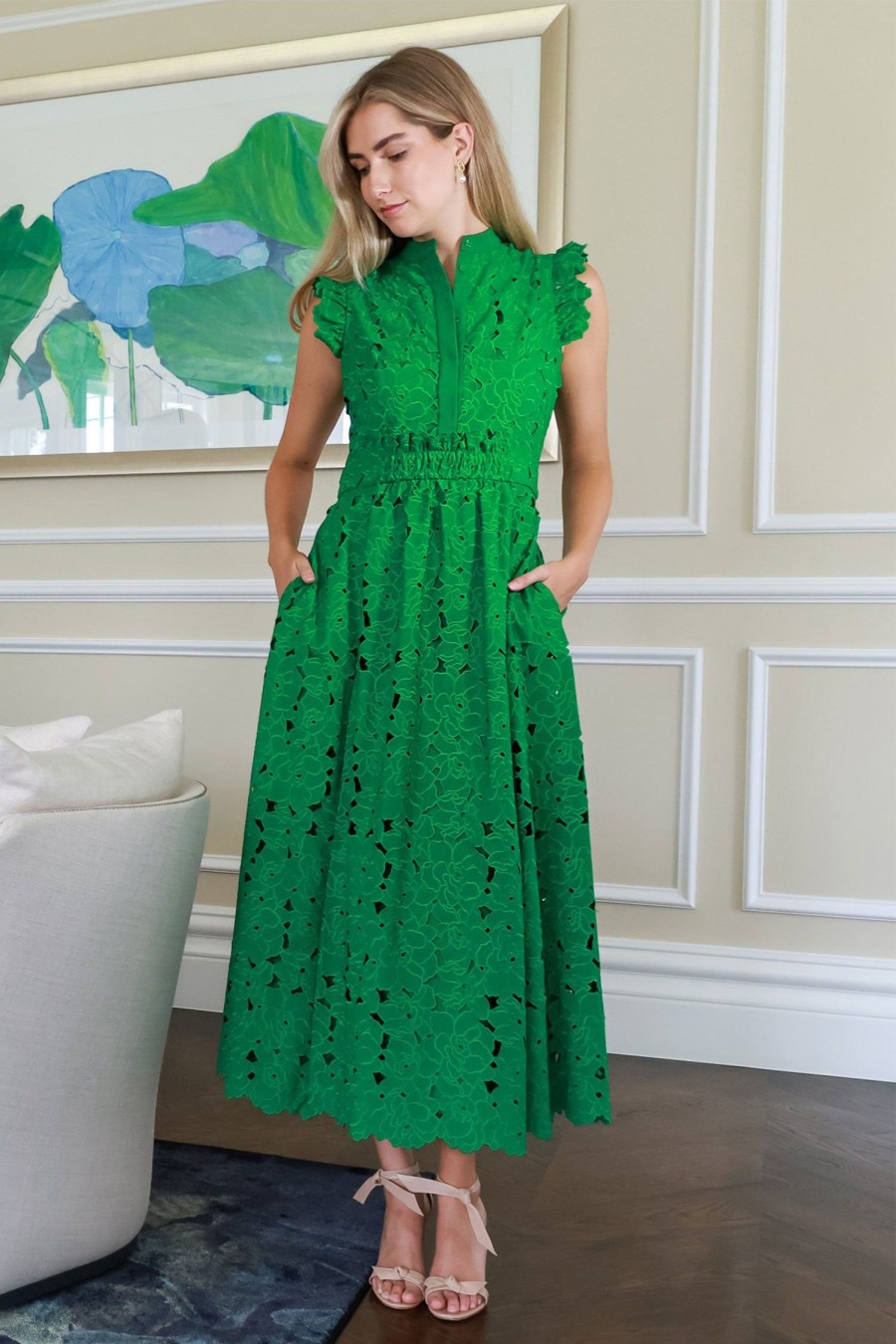 Women ERDEM Dresses | Cutwork Sleeveless Dress Green