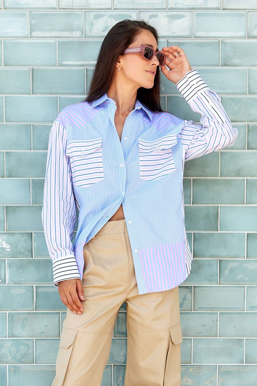 Women MSGM Tops | Stripe Long Sleeve Shirt Blue/Pink