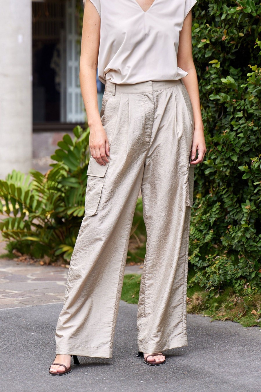 Women TIBI Pants | Crispy Nylon Stella Cargo Pant Desert Sand