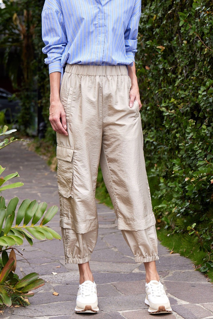 Women TIBI Pants | Crispy Nylon Wilt Pull On Jogger Desert Sand