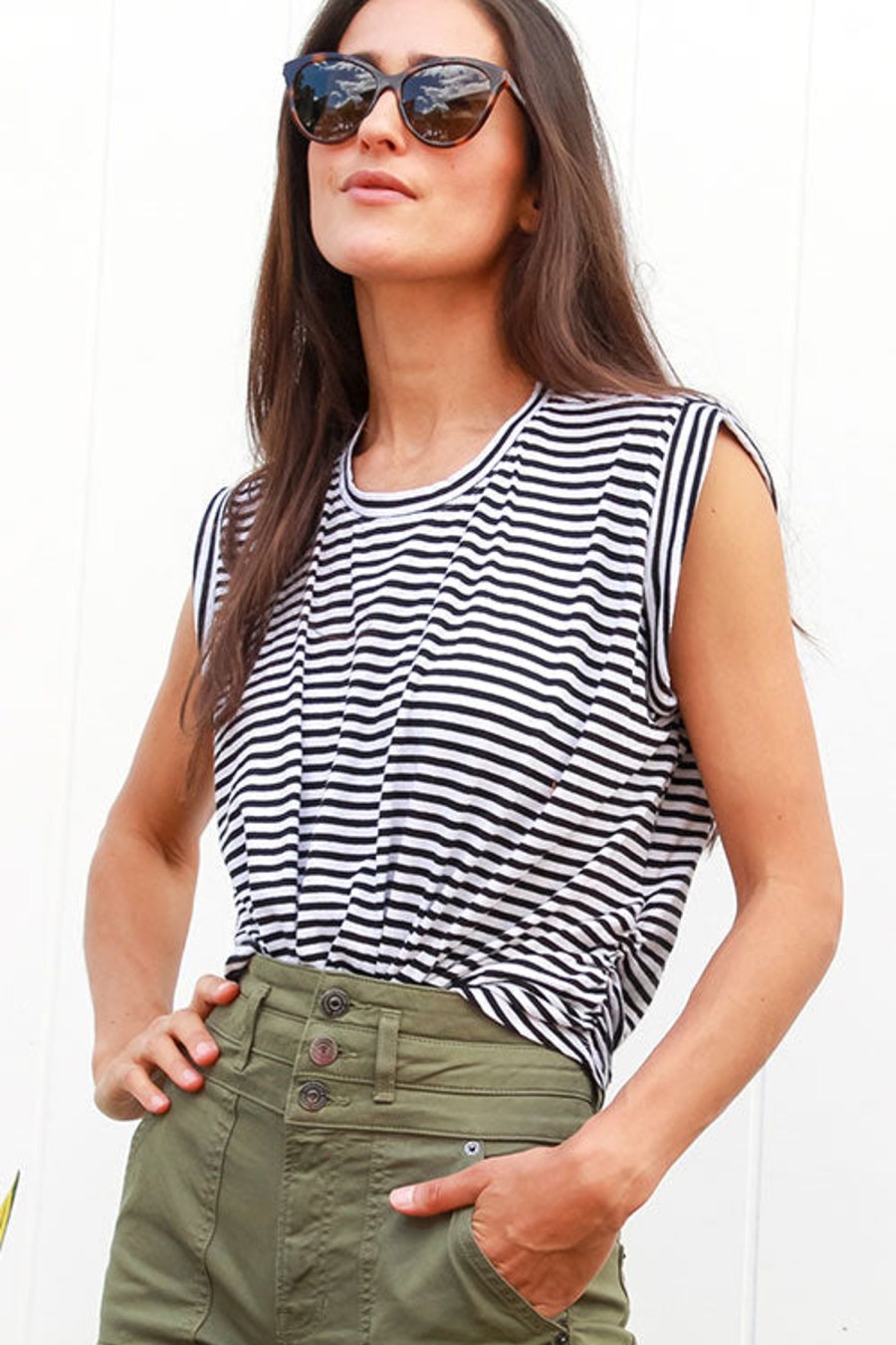 Women FRAME Tops | Knotted Rolled Tee Black Stripe