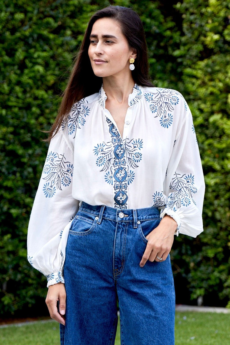 Women ALIX OF BOHEMIA Tops | Poet Bermuda Blouse Blue/White