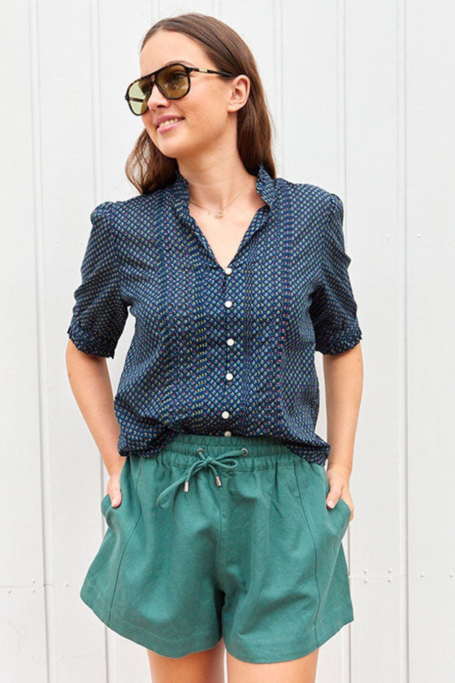 Women BIRDS OF PARADIS BY TROVATA Tops | Eloise Pintuck Blouse Navy