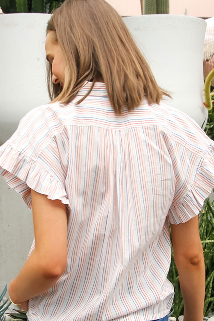 Women BIRDS OF PARADIS BY TROVATA Tops | Marianne B Ruffle Slv Shirt Pinstripe